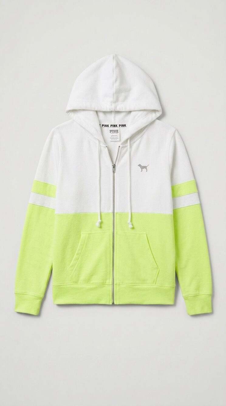 PINK Victoria's Secret White and Neon Green Colorblock Full-Zip Hoodie